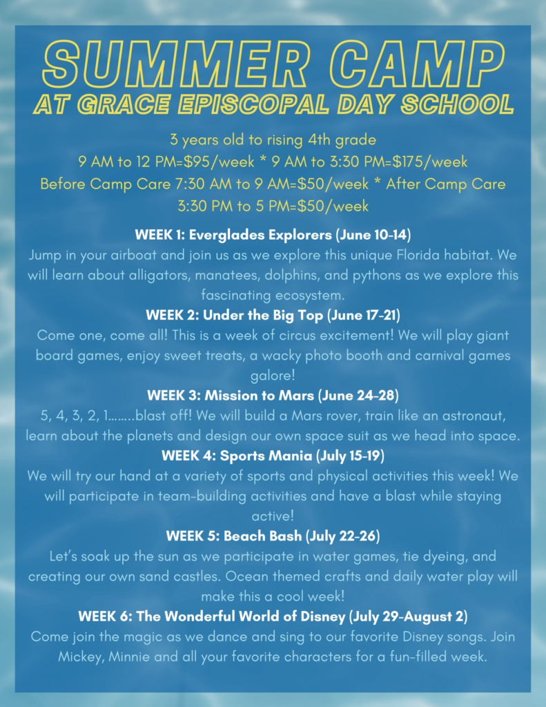 Summer Camp 2024 flyer showing 6 weeks of various themed camps